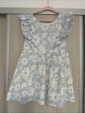 Girls' Blue Floral Ruffle-Sleeve Dress